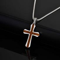 Vnox Red Wood Faith Cross Pendant Neckalce for Men, Silver Color Stainless Steel Box Chain Necklaces, Religious Jewelry Gifts 50cm