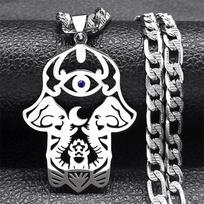 Hamsa Hand of Fatima Elephant Amulet India Necklace Men Stainless Steel Cuban Link Chain Religious Necklaces Jewelry N9724S05
