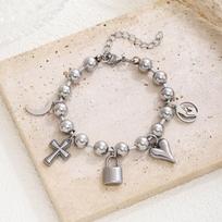 Doreen Box Dainty Religious Cross Lock Pendant Round Bead Bracelet Women's Jewelry 304 Stainless Steel Cross Bracelets 17cm long
