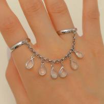 Fashion Crystal Tassel Chain Ring for Women Girls Geometric Gold Silver Color Adjustable Double Finger Rings Jewelry Accessories