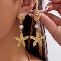 Boho Shell Imitation Pearl Drop Earrings for Women Luxury Gold Color Starfish Beach Vacation Statement Dangle Jewelry Gift