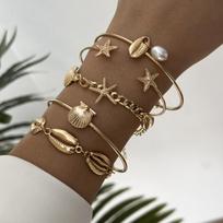 Trendy Mermaidcore Ocean Theme Bracelet Set for Women Gold Color Sea Shell Starfish Charm Layered Bangles Y2K Fairy Jewelry Gift