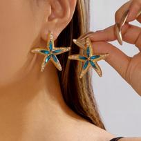 Fashion Exaggerated Blue Rhinestone Starfish Stud Earring for Women Metal Imitation Pearl Textured Earring Beach Jewelry Gift