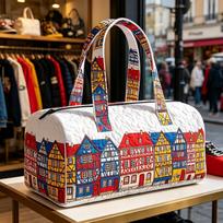 Quilted travel handbag Half-timbered town print weekend bag Bohemian 3D quilted leisure travel fitness bag with colorful European-style houses graphic 16''x8''x8''