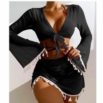 Women's 4-Piece Tassel Trim Mesh Swimsuit Cover-Up Set, Tie-Front Bell Sleeve Top and Skirt Bikini Set for Beach S