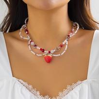 IngeSight.Z Sweet Imitation Pearl Strawberry Pendant Necklace Women Korean Fashion Heart Crystal Beaded Clavicle Choker Necklace