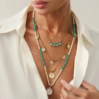 IngeSight.Z 2Pcs/set Boho Ethnic Green White Rice Bead Layered Necklace for Women Vintage Sun Metal Eye Pendant Necklace Jewelry