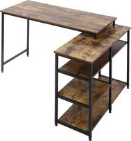 HOMCOM Kampinis rašomasis stalas, L formos kompiuterio stalas su lentyna ir stalčiumi, biuro stalas, medžio drožlių plokštė, metalinis, rusvas, 135x90x79cm