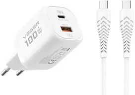 Phone charger VEGER USB A + Type C PD Super Charge PPS 100W + data cable Type C to C 240W TR150 baltas