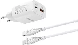 Phone charger VEGER USB A + Type C PD Super Charge PPS 45W + data cable Type C to C 100W TR101 baltas