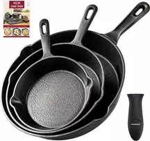 Overmont trijų dydžių apvalių ketaus keptuvių rinkinys, 1,8 l talpa, OM-Skillet Set