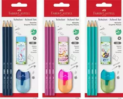 Pieštukų rinkinys Faber-Castell 1111 HB, 3 pieštukai, drožtukas ir trintukas, įvairių spalvų