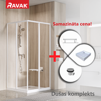 Dušo kabinų komplektas RAVAK SET2 dušo kampas SRV2-75 195 S baltas + stiklas (1 pusė) skaidrus + padėklas Aneta 75x90cm