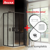 Dušo kabinų komplektas RAVAK SET8 Dušo kampas BLSRV2-80 juodas + stiklas skaidrus + padėklas Perseus Pro