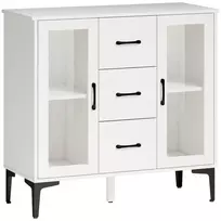 Modernus bufetas su švelnaus uždarymo durelėmis, 3 stalčių spintelė, 2 stiklinės durelės, reguliuojamos lentynos, MDF, balta