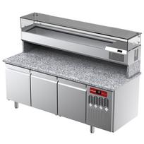 Vėdinamas šaldomas stalas picai su 3 durelėmis ir šaldoma vitrina 2000x380x410 su granito stalviršiu.