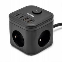 Prailginimo laidas su 3 lizdais ir 4 Usb jungtimis, 1.4m, juodas