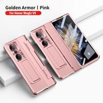 Kickstand Cover For Huawei Honor Magic Vs Case For Honor Magic Vs Leveing Hinge Plating Funda With Front Screen Glass Film Capa Case rožinė