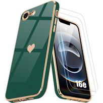 Protective Case - BOOLING - iPhone 16e - Shockproof - with 2 Tempered Glasses - Heart Pattern - Night Green žalia