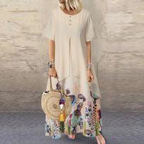 Women Vintage Fake Two Piece Dress Floral Print Short Sleeve  Long Dress XL