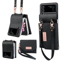 Vietao-Leather Wallet Case for Samsung Galaxy Z Flip 4, 3, Z4, Z3, z flip 5 phone case with hand strap, Z flip 6 Flip 7 case without screen film juoda