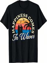 Happiness Comes In Waves Retro Sunset Surfer T-Shirt S įvairiaspalvis