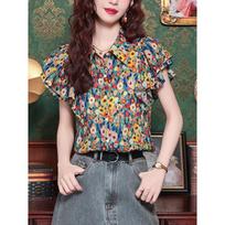 Women Colorful Floral Print Ruffle Sleeve Blouse M smėlis