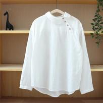 Women White Asymmetric Peter Pan Collar Linen Cotton Blouse M balta
