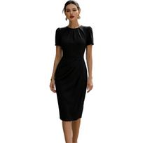 Moteriška midi suknelė su pūstomis rankovėmis ir suraukta juosmens dalimi, apvaliu kaklu, oficiali biuro bodycon suknelė, S-2XL S juoda