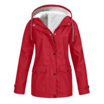 Women Winter Coat Fleece-lined Hooded Press Button Zipper Closure Outerwear Mid Length Plus Size XL