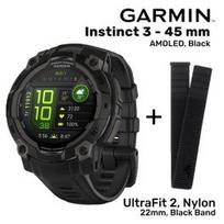 GARMIN Instinct 3 - 45 mm, AMOLED, Black + UltraFit 2, Nylon, 22mm, Black Band sportinis laikrodis 010-02936-00 / 010-13306-10