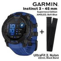GARMIN Instinct 3 – 45 mm, Supernova, AMOLED, Bolt blue + UltraFit 2, Nylon, 22mm, Black Band sportinis laikrodis 010-02936-03 / 010-13306-10