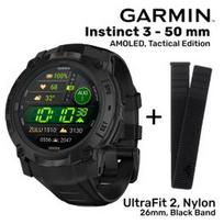 GARMIN Instinct 3 – 50 mm, AMOLED, Tactical Edition + UltraFit 2, Nylon, 26mm, Black Band sportinis laikrodis 010-03020-50 / 010-13306-20