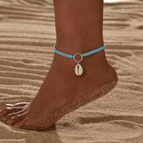 Vacation style blue rope woven rope shell pendant for women's beach anklet