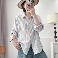 Women Multicolor Striped Button-Up Long Sleeve Shirt S mėlyna