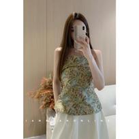 Women Tropical Print Strapless Peplum Tube Top S žalia