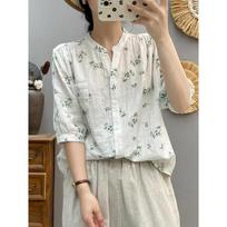 Women Floral Print Short Sleeve Blouse Casual V Neck Button Down Shirt M žalia
