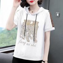 Women Hooded Short Sleeve T-Shirt With Rhinestone Letter Print and Leopard Print Trim M balta
