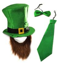 Leprechaun kostiumo rinkinys su skrybėle, peteliške, kaklaraiščiu ir barzda suaugusiems, vakarėlių ir festivalių persirengimo aksesuarai One Size green