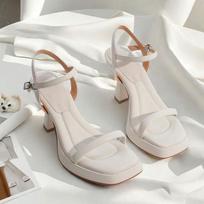 New Summer Chunky Heel, Single-strap High Heels, French Step-on Feel That Doesn't Tire Your Feet, Waterproof Platform Square-toe Sandals for Women 34 balta