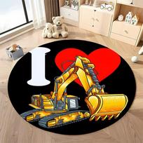I Love Excavator Round Rug Cartoon Construction Vehicle Non-Slip Area Carpet for Kids Room Boys Bedroom Home Decor Mat Diameter -60cm