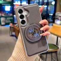 For Samsung Galaxy S25 S24 Plus Ultra Case Gear Pattern Magnetic 360° Rotation Metal Stand TPU Edge Leather Covered Shell Cover Artificial leather&Galaxy S25+
