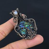 Tree Of Life Abalone Shell & Moonstone Gemstone Pure Copper Wire Wrap Handmade Jewelry Pendant 2.44 Inches mėlyna