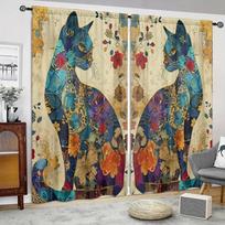 2pcs Country Pastoral Style Cat Sunflower Kitchen Curtain Country Retro Wood Grain Printed Curtain for Living Room 2x50W130H(CM)40x51in&Hook beige