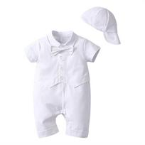 Berniukų vasarinis trumpomis rankovėmis kombinezonas su kepure - Džentelmeniškas kūdikio vientisas drabužis Size 90 - 9-12 months - 0.2kg balta