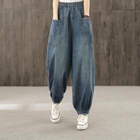 Laisvi džinsiniai džinsai tiesiomis kojomis su raištinėmis kišenėmis, plačios kelnės aukštu juosmeniu pavasariui ir rudeniui M