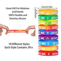 30Pcs Bulk Jesus Loves Me Wristbands Rainbow Religious Silicone Bracelets 10 Styles Christian Cross VBS Party Favors Gifts