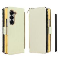 RFID Wallet Phone Case with Card Slots, Faux Leather Magnetic Flip Cover with Hand Grip for  Galaxy Z Fold 7/6/5/4, Zipper Coin Galaxy Z Fold7 smėlis