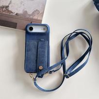 Crossbody Wrist strap Cowboy Leather Wallet Card Slot Phone Case17 Air 16 15 14 Plus 13 12 Pro Max 11 Lanyard Protective Cover iPhone 15 Pro Max tamsiai mėlyna spalva