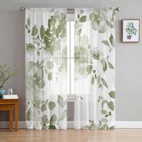 Sage Green Akvarelės gėlės Tiulio užuolaidos svetainei Permatomos užuolaidos miegamojo virtuvei Roletai Voile užuolaidos 135W x 114H(cm) white